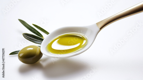 simple still life with spoon filled with olive oil and olives and  leaves from olive tree as decortation isolated against white background photo