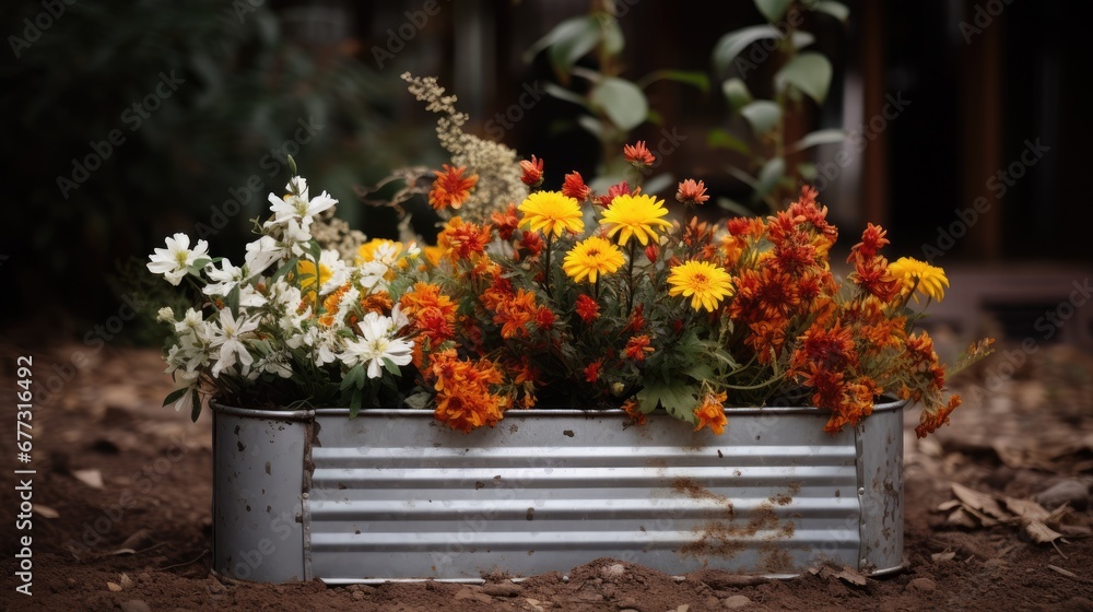 a bunch of flowers that are sitting in a metal container on the ground with dirt on the ground and dirt on the ground and dirt on the ground. a bunch of flowers that are sitting in a metal container on the ground with dirt on the ground and dirt on the ground and dirt on the ground.
