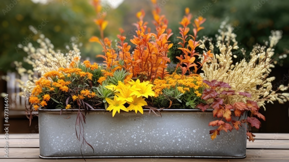  a metal planter filled with lots of flowers on top of a wooden table in front of a forest of trees.