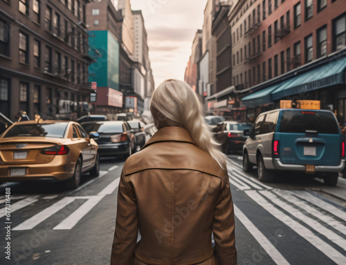 Woman walking in the middle of a big street. Big city. New York. Blond and european woman. Generative AI
