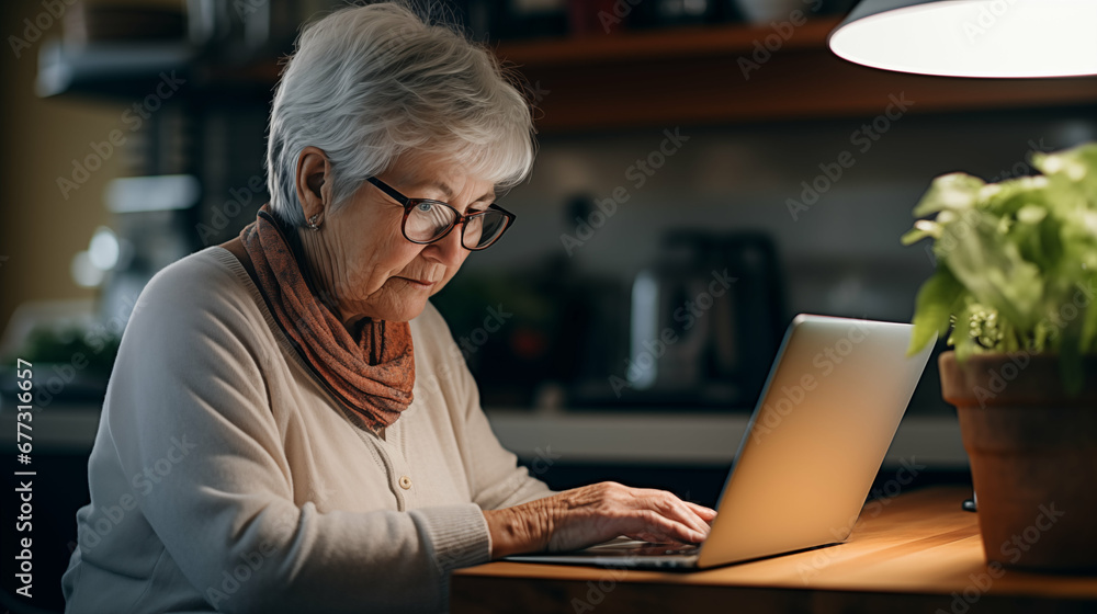 Senior old woman in glasses using a laptop at home. Generative AI. Senior old woman in glasses using a laptop at home. Generative AI.