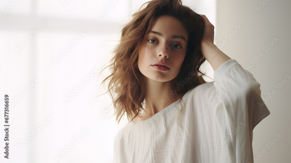 natural candid shot of one woman, sensitive skin, oily face, average woman, the woman is wearing modern clothing in white and neutral colors natural candid shot of one woman, sensitive skin, oily face, average woman, the woman is wearing modern clothing in white and neutral colors