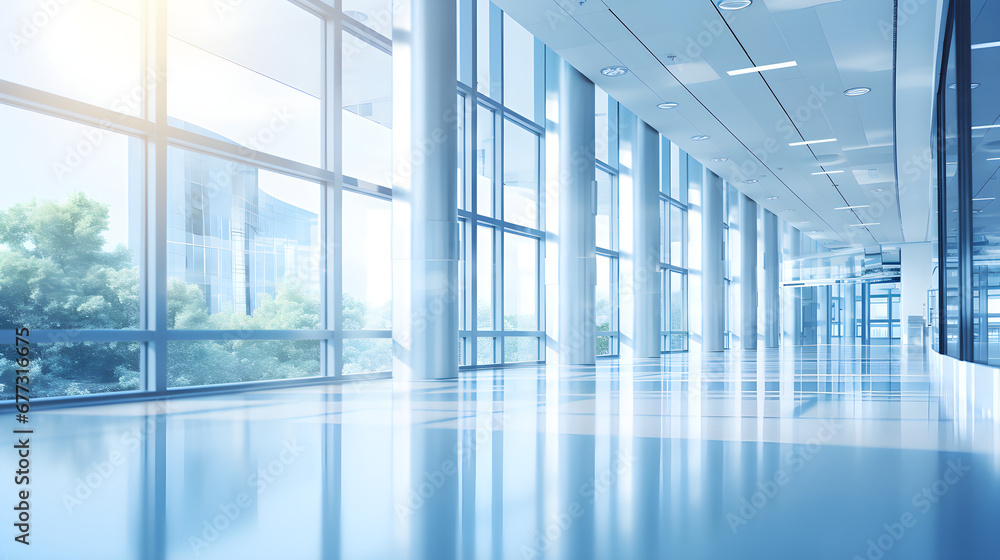 The hall of an office or medical institution with panoramic windows and a perspective, has a light blurred background,