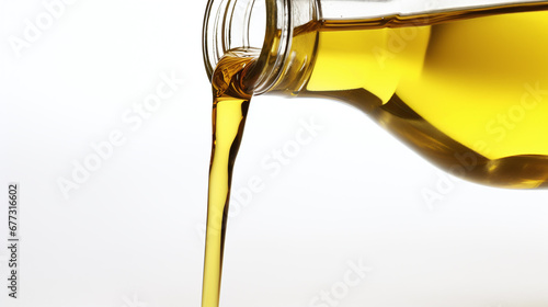 golden yellow cooking oil  from a glass bottle isolated against white background