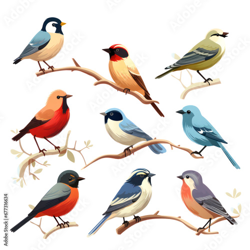 various forest animals birds on a branch in flat illustration style