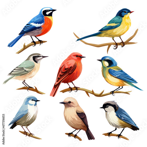 various forest animals birds on a branch in flat illustration style
