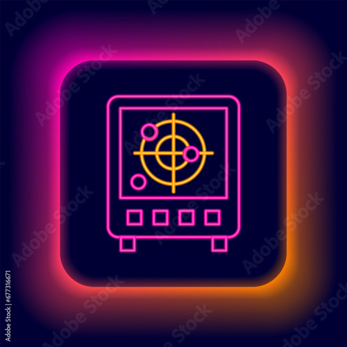 Glowing neon line Radar with targets on monitor in searching icon isolated on black background. Search system. Navy sonar. Colorful outline concept. Vector