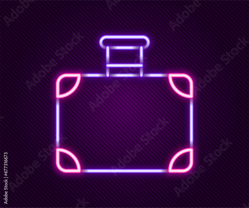 Glowing neon line Suitcase for travel icon isolated on black background. Traveling baggage sign. Travel luggage icon. Colorful outline concept. Vector