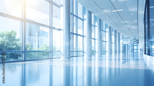 The hall of an office or medical institution with panoramic windows and a perspective, has a light blurred background,