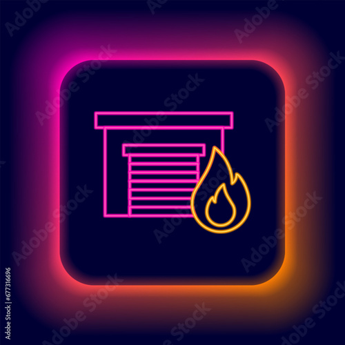 Glowing neon line Fire in burning garage icon isolated on black background. Colorful outline concept. Vector