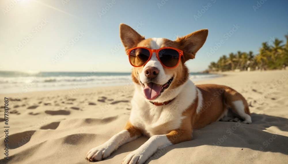 happy smiling dog wearing sunglass sunbathing in beach  summer vacation concept 