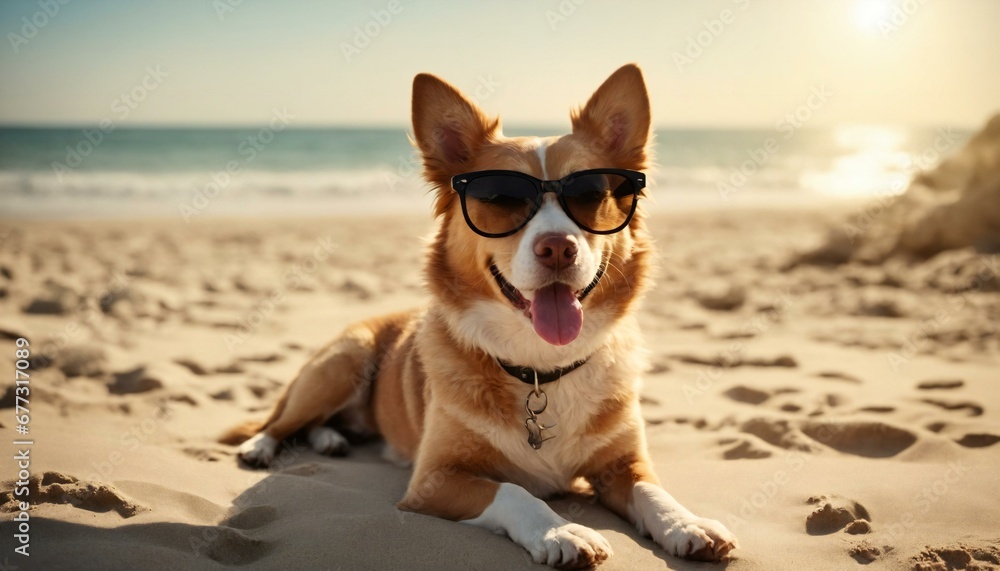 happy smiling dog wearing sunglass sunbathing in beach summer vacation concept happy smiling dog wearing sunglass sunbathing in beach summer vacation concept