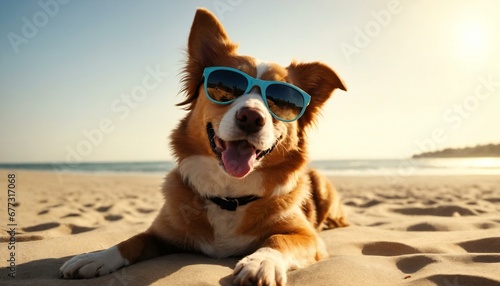 happy smiling dog wearing sunglass sunbathing in beach summer vacation concept 