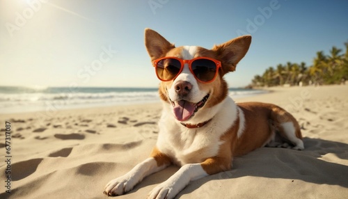 happy smiling dog wearing sunglass sunbathing in beach  summer vacation concept  © prasanth