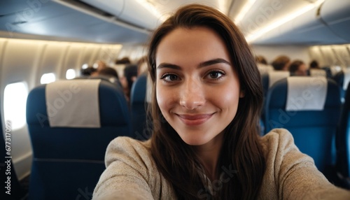Happy tourist taking selfie inside airplane, travel concept copy space
