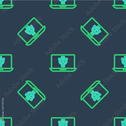 Line Online psychological counseling distance icon isolated seamless pattern on blue background. Psychotherapy, psychological help, psychiatrist online consulting. Vector