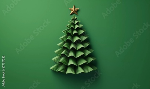 Top view of green decorative paper Christmas tree on green background, AI generator