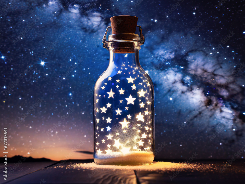 bottle filled with glowing stars under a starry night sky. bottle filled with glowing stars under a starry night sky.