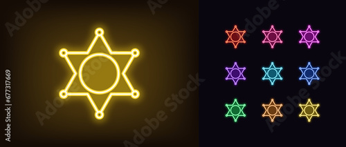 Outline neon sheriff star icon set. Glowing neon sheriff badge, police department and officer sign, law star. Gaming cowboy western, Wild West. Wanted star, game pursuit and chasing. Vector icon set