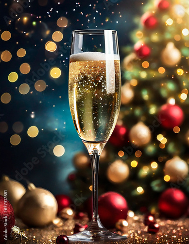 glas of champagne and gift around chrismas with a chrismas tree in the background, holiday, party,