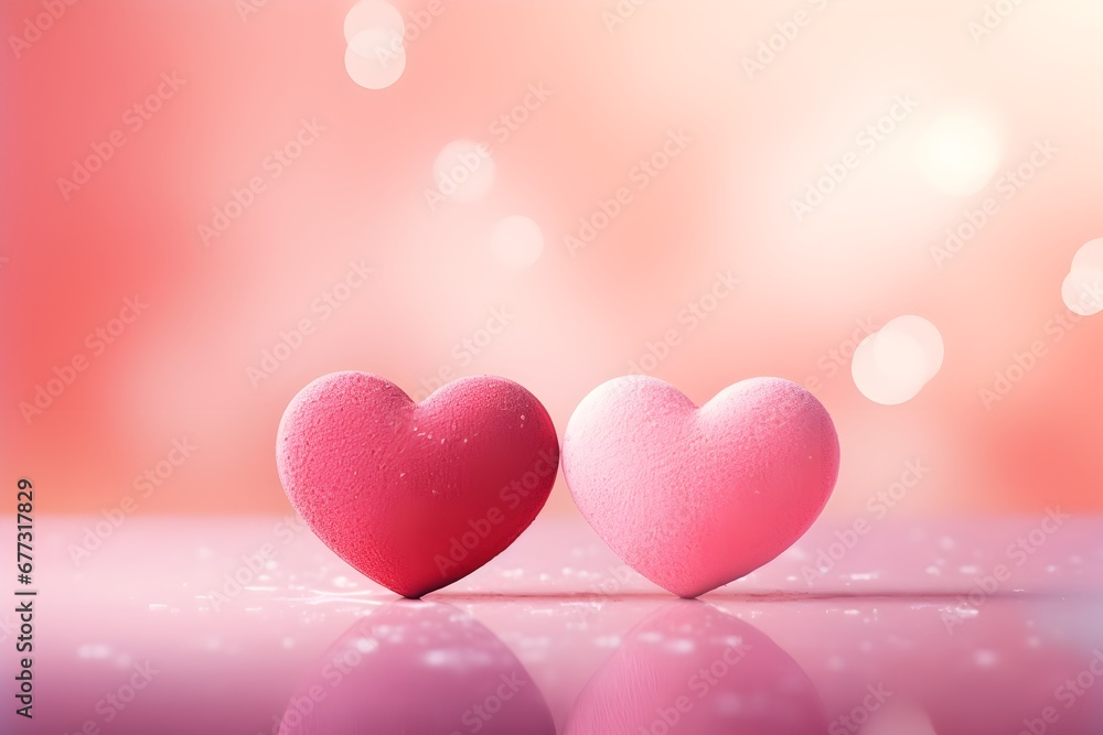 Red pair of hearts. Realistic 3d design, two hearts. Valentine's Day. Romantic city view bokeh background with copy space, creative banner, web poster.