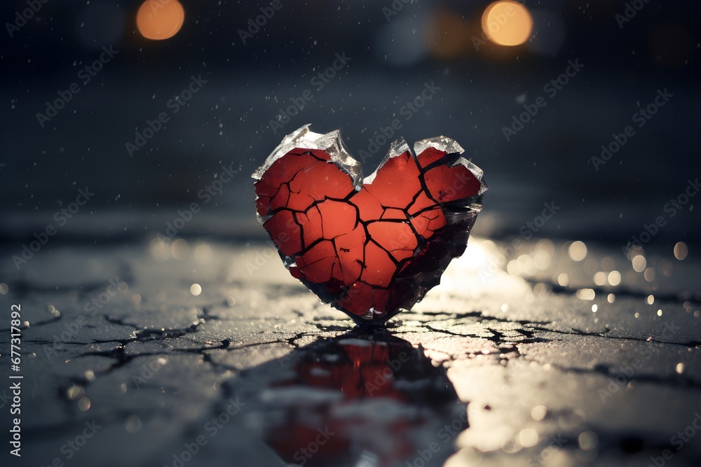 Broken red heart 3d design, exploded shattered into pieces, isolated on dramatic tragic dark black background, raining, crackles, realistic, breakup concept with copy space  - obrazy, fototapety, plakaty 