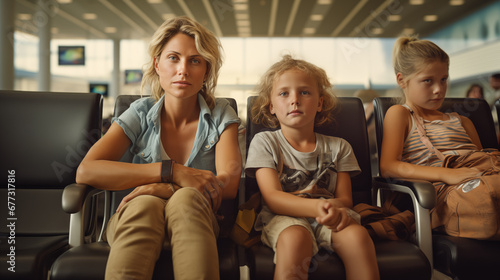 Mother with her two children waiting in the waiting area of an airport 