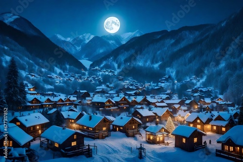 Rising of full moon over the mountain village in majestic moonlight at Christmas night. Fairytale winter valley. Happy New Year time