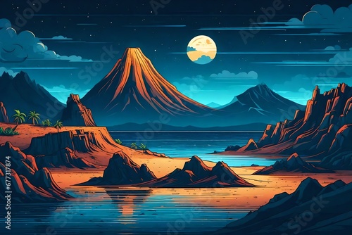 Sea or ocean desert, uninhabited island shore night landscape with active, ready for eruption volcano, mountain top fiery glowing in darkness cartoon vector illustration. Tectonic or volcanic activity photo