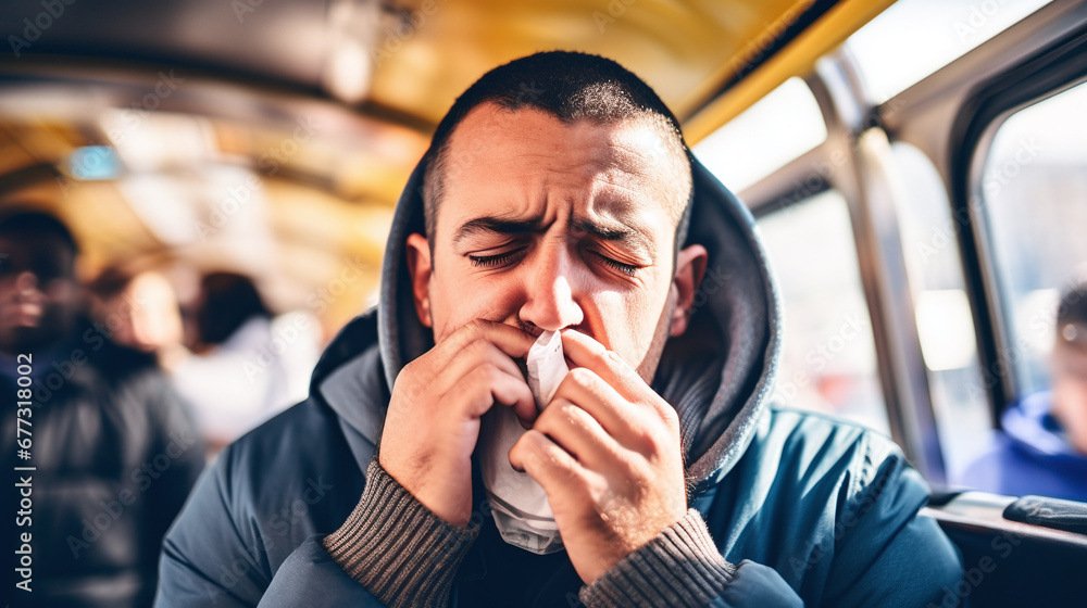 male person in the bus blowing his nose - obrazy, fototapety, plakaty 