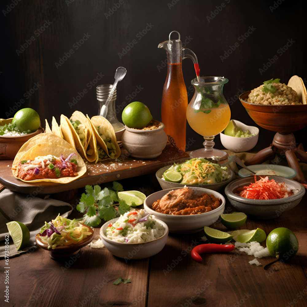 Mexican food on wooden background. Nachos. tacos. guacamole. salsa. guacamole