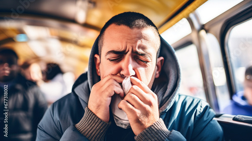 male person in the bus blowing his nose photo