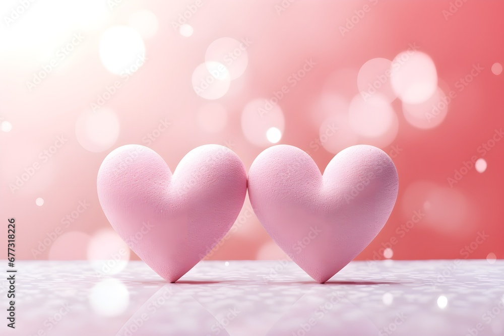 Pastel pink paper pair of hearts. Realistic 3d design, two hearts. Valentine's Day. Romantic city view bokeh background with copy space, creative banner, web poster.