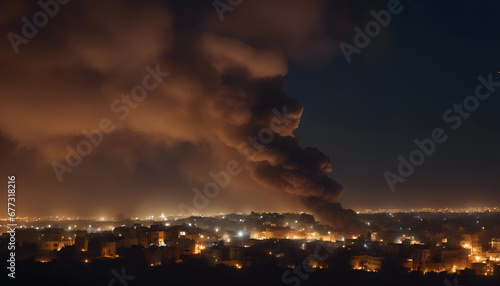 Aerial view of city at night with heavy smoke from chimneys