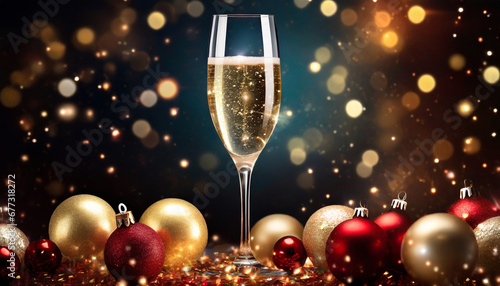 champagne glasses on wooden decorative table, blurred background with light and christmas tree, close up view