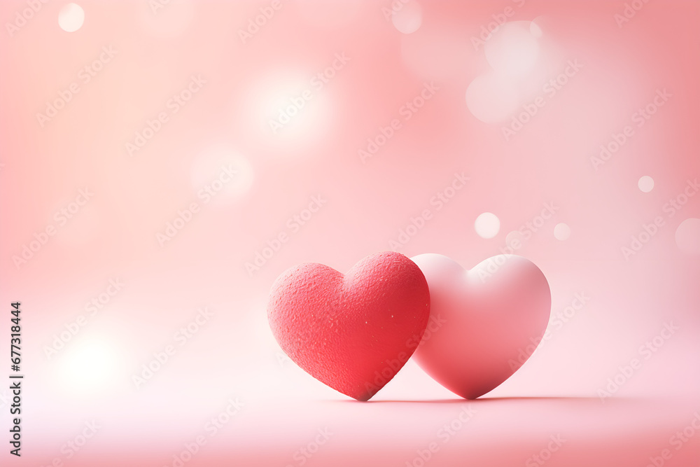 Red pair of hearts. Realistic 3d design, two hearts. Valentine's Day. Romantic city view bokeh background with copy space, creative banner, web poster.