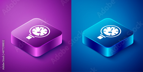 Isometric Pressure water meter icon isolated on blue and purple background. Square button. Vector