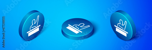 Isometric Active male kid raising hand answering to teacher question icon isolated on blue background. An elementary student raises his hand. Blue circle button. Vector