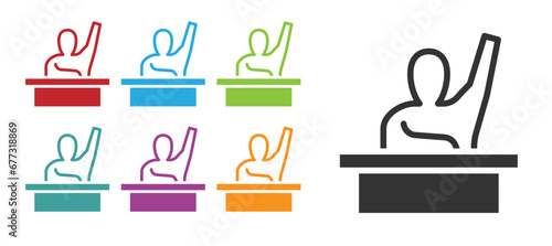 Black Active male kid raising hand answering to teacher question icon isolated on white background. An elementary student raises his hand. Set icons colorful. Vector