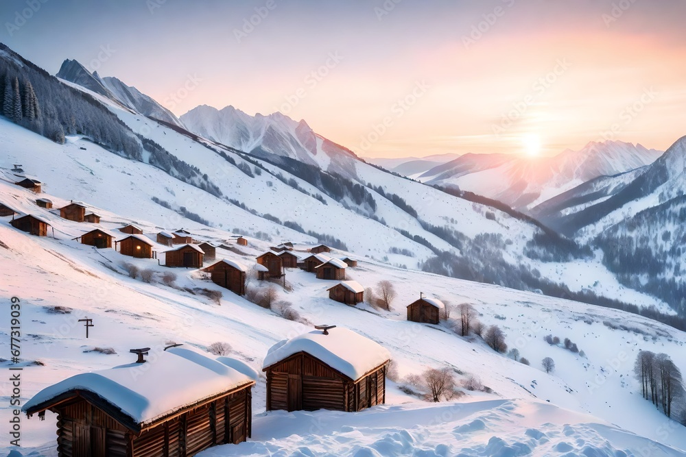 Picturesque winter landscape with huts, snowy mountains and sunrise. Winter landscape for leaflets.