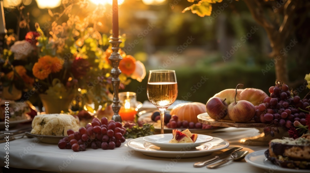 Thanksgiving fall harvest table place setting. Holiday celebration autumn dining. Seasonal reception with place settings and wine.