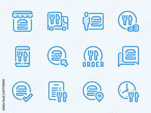 Meal Delivery and Food Delivery Service vector line icons. Ordering Groceries, Takeaway and Online Food Order outline icon set.