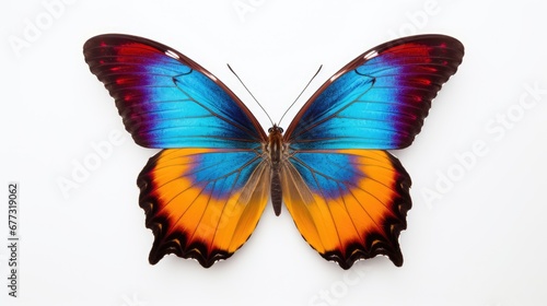  a blue, yellow, and red butterfly on a white background with a shadow of the back of the butterfly.