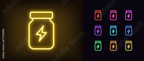 Outline neon energy supplement icon. Glowing neon bottle with lightning sign, sport nutrition. Energetic supplement for strength, speed and stamina. Sport medicine, bottle with pills. Vector icon set