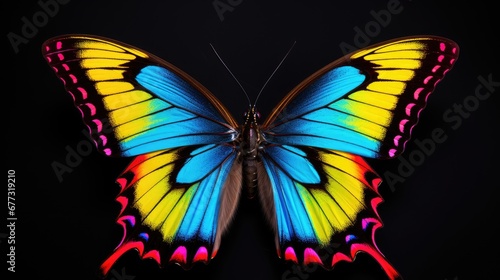  a close up of a colorful butterfly on a black background with a black back ground and a red  yellow  and blue wing.