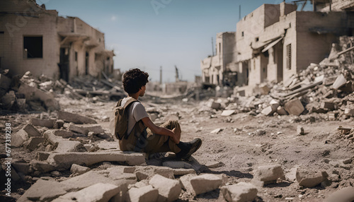 A young boy with a backpack sits on the ruins of an abandoned building