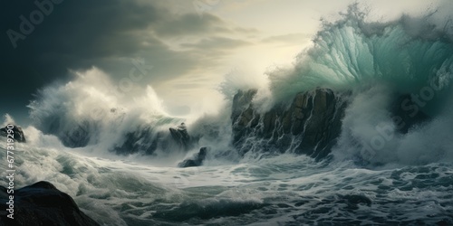 Dramatic crashing wave against rugged rocky shoreline. Ocean storm cresting surf. Relentless power of the sea at sunset.  © Fox Ave Designs