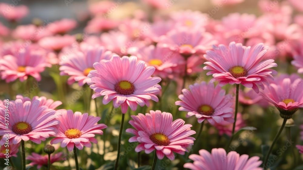 Beautiful pink daisy flowers in the garden. Selective focus. Springtime  concept with a space for a text. Valentine day concept with a copy space.