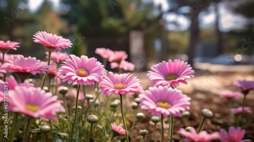 Pink daisy flowers in the garden. Selective focus with shallow depth of field. Springtime  concept with a space for a text. Valentine day concept with a copy space.