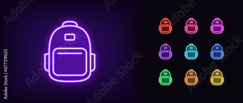 Outline neon backpack icon set. Glowing neon schoolbag sign, student knapsack, school satchel. Travel backpack and trip hand luggage, sport knapsack. Hiking rucksack and tourism bag. Vector icon set